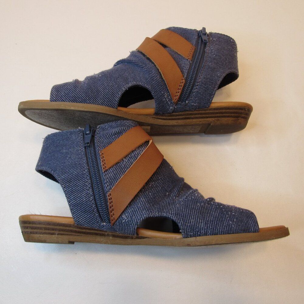 Women's Soda Blue Denim Open Toe Sandals Brown Buckle Strap Side Zipper Size 6 - Picture 4 of 8
